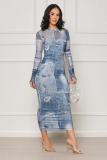 Sexy Women's Slim Denim Graphic Print Bodycon Long Dress