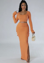 U-neck Tight Fitting short top with high waist and slit Bodycon long skirt autumn and winter two-piece set U-neck Tight Fitting short top with high waist and slit Bodycon long skirt autumn and winter two-piece set
