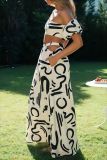 Women's Summer Puff Sleeve Top Hollow Long Swing Skirt Two Pieces Set