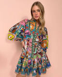 Women Long Sleeve Printed Lace-Up Pleated Dress