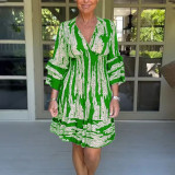 Women Bell Bottom Sleeve V-Neck Printed Dress