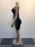 Women Sexy Mesh Top Beaded Elastic Suspender Bodycon Dress Two-piece Set