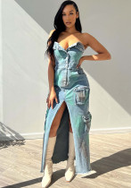 Women Sexy Strapless Off-Shoulder Tie-Dye Slit Cargo Denim Dress Women Sexy Strapless Off-Shoulder Tie-Dye Slit Cargo Denim Dress