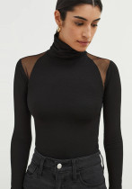 Women High Neck Long Sleeve Mesh Patchwork Stretch Sexy Bodysuit Women High Neck Long Sleeve Mesh Patchwork Stretch Sexy Bodysuit