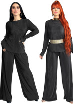 Women Loose Solid Long Sleeve Top and Wide Leg Pants Two-piece Set Women Loose Solid Long Sleeve Top and Wide Leg Pants Two-piece Set
