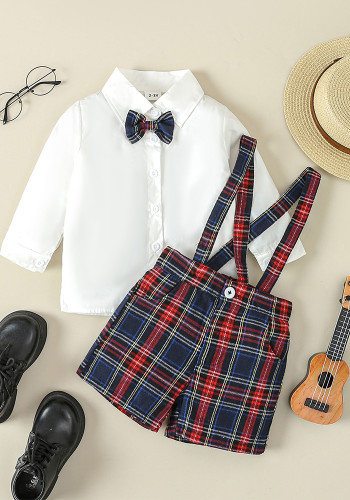 Boy Casual long-sleeved tie shirt and plaid overalls two-piece set