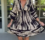 Women Bell Bottom Sleeve V-Neck Printed Dress