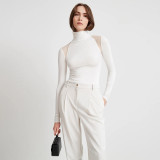 Women High Neck Long Sleeve Mesh Patchwork Stretch Sexy Bodysuit