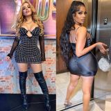 Women Sexy Mesh Top Beaded Elastic Suspender Bodycon Dress Two-piece Set