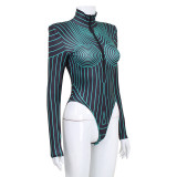 Women Striped Fluorescent Turtleneck Long Sleeve Padded Shoulder Zipper Bodysuit