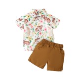 Boy Cartoon Rabbit Print Short Sleeve Shirt and Casual Shorts Two-piece Set
