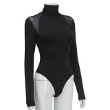 Women High Neck Long Sleeve Mesh Patchwork Stretch Sexy Bodysuit