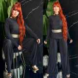 Women Loose Solid Long Sleeve Top and Wide Leg Pants Two-piece Set