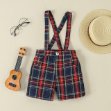Boy Casual long-sleeved tie shirt and plaid overalls two-piece set