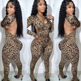 Women Casual Backless Leopard Jumpsuit