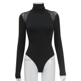 Women High Neck Long Sleeve Mesh Patchwork Stretch Sexy Bodysuit