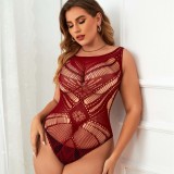 Plus Size Women Burgunry Jacquard Jumpsuit See-Through Net Clothing Sexy Lingerie