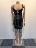 Women Sexy Mesh Top Beaded Elastic Suspender Bodycon Dress Two-piece Set