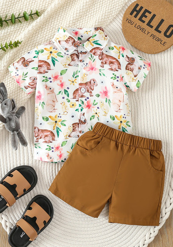 Boy Cartoon Rabbit Print Short Sleeve Shirt and Casual Shorts Two-piece Set