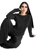 Women Loose Solid Long Sleeve Top and Wide Leg Pants Two-piece Set
