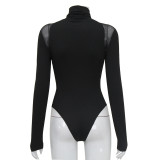 Women High Neck Long Sleeve Mesh Patchwork Stretch Sexy Bodysuit