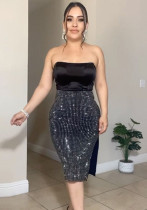 Women Sexy Top Beaded Bodycon Dress Two-piece Set Women Sexy Top Beaded Bodycon Dress Two-piece Set