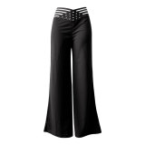 Women Cutout Belt High Waist Casual Wide Leg Pants