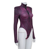 Women Striped Fluorescent Turtleneck Long Sleeve Padded Shoulder Zipper Bodysuit