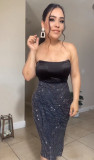 Women Sexy Top Beaded Bodycon Dress Two-piece Set