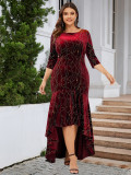 Women's Plus Size Three Quarter Sleeve Mermaid High Low Hem Long Velvet Formal dress