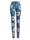 Women's Fashion Stretch Denim Fabric Flower Print Denim Trousers