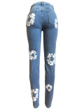 Women's Fashion Stretch Denim Fabric Flower Print Denim Trousers