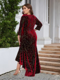 Women's Plus Size Three Quarter Sleeve Mermaid High Low Hem Long Velvet Formal dress