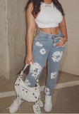 Women's Fashion Stretch Denim Fabric Flower Print Denim Trousers