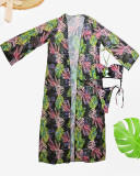 Women's Print Halter Two Pieces Bikini Long Sleeve Cover-Up Three-Piece Lace-Up Swimsuit