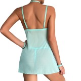 Spring Sexy Nightgown Embroidered Mesh Patchwork Chocker Sexy Four-Piece Lingerie Set