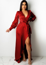 Women's Fashionable And Sexy V-Neck Solid Color Satin Lace-Up Irregular Long Dress Women's Fashionable And Sexy V-Neck Solid Color Satin Lace-Up Irregular Long Dress