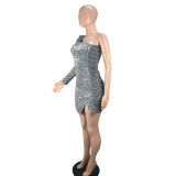 Women's Fashionable Sexy Slim One Shoulder Sequined Evening Dress