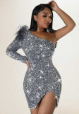 Women's Fashionable Sexy Slim One Shoulder Sequined Evening Dress