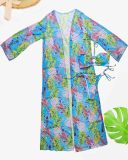 Women's Print Halter Two Pieces Bikini Long Sleeve Cover-Up Three-Piece Lace-Up Swimsuit