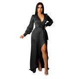 Women's Fashionable And Sexy V-Neck Solid Color Satin Lace-Up Irregular Long Dress