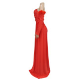 Fashion Women's Solid Color Pleated Low Back Slit Maxi Dress