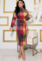 Women's Fashion Positioning Contrast Print Side Slit Slim Dress With Belt Women's Fashion Positioning Contrast Print Side Slit Slim Dress With Belt