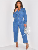 Women's Fashion Casual Sexy Pocket Belt Wide Leg Denim Jumpsuit