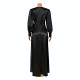 Women's Fashionable And Sexy V-Neck Solid Color Satin Lace-Up Irregular Long Dress