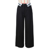 Spring Retro Women's Loose Slim Fit Turndown Collar Design Straight Wide Leg Pants