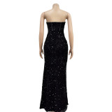 Fashionable Women's Solid Color Sequin Sleeveless Low Back Long Dress（customized,MOQ 6pcs/size/color,process time 7-10 days）
