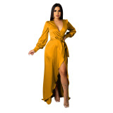 Women's Fashionable And Sexy V-Neck Solid Color Satin Lace-Up Irregular Long Dress