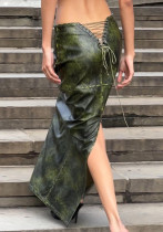 Fashionable And Sexy Back Lace-Up Hollow Slit Slim Fit Pu Leather Skirt