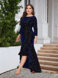 Women's Plus Size Three Quarter Sleeve Mermaid High Low Hem Long Velvet Formal dress
